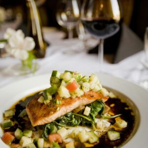 A balanced plate of salmon and vegetables